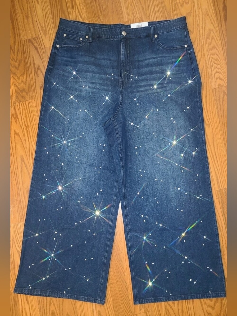 Wide Leg Dark Wash Jeans with Crystal Ans Pearl Embellishments